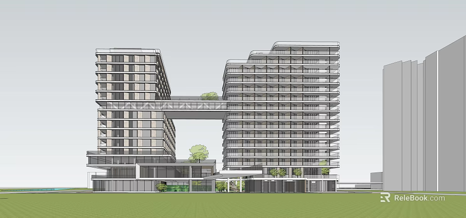 Modern High Rise Buildings With Connected Skywalk Greenery And Podium Structures 3d model 