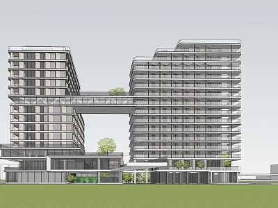 Modern High Rise Buildings With Connected Skywalk Greenery And Podium Structures 3d model