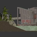 Cartoon Scene Of Modern Hillside House With Trees Swimming Pool And Patio Steps