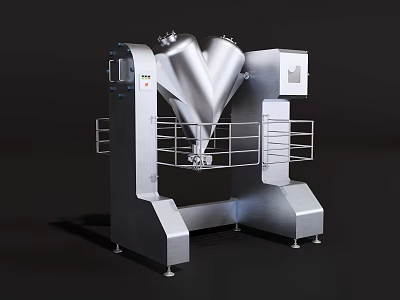 Industrial V-type Mixer with Silver Conical Containers Metal Stand and Safety Guardrail 3d model