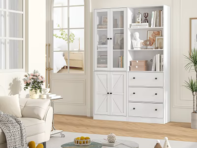 White Storage Cabinet With Glass Doors Drawers Books And Decor In Living Room 3d model