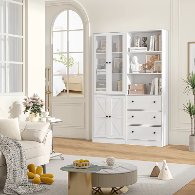 White Storage Cabinet With Glass Doors Drawers Books And Decor In Living Room 3d model