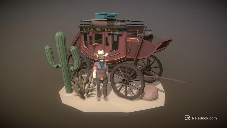 Cartoon Scenic Vintage Stagecoach With Cowboy Figure Cactus Plant And Desert Rock Sand 3d model 