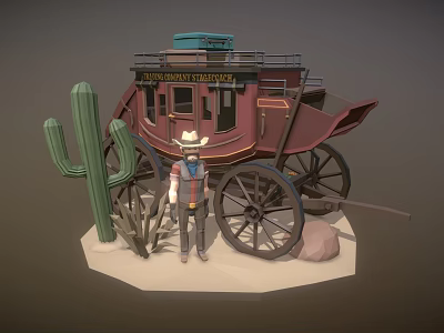 Cartoon Scenic Vintage Stagecoach With Cowboy Figure Cactus Plant And Desert Rock Sand 3d model