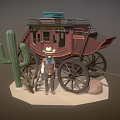 Cartoon Scenic Vintage Stagecoach With Cowboy Figure Cactus Plant And Desert Rock Sand