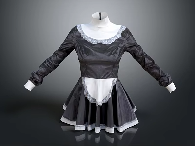 Elegant Maid Style Long Sleeve Dress With White Lace Collar And Pleated Skirt Hem 3d model