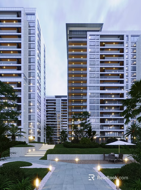 Modern High Rise Apartment Building With Glass Facade And Palm Trees 3d model 
