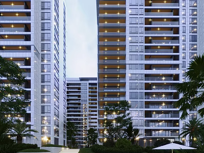 Modern High Rise Apartment Building With Glass Facade And Palm Trees 3d model