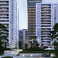 Modern High Rise Apartment Building With Glass Facade And Palm Trees