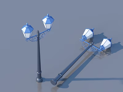 Two Outdoor Street Lights One Upright And One Tilted With Blue Shades And Black Poles 3d model