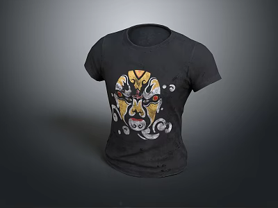 Black T-shirt Featuring Traditional Peking Opera Mask Yellow Red Design And White Cloud Patterns 3d model