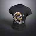 Black T-shirt Featuring Traditional Peking Opera Mask Yellow Red Design And White Cloud Patterns