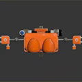 Orange Robot Figure With Large Round Eyes Blue Light Antenna Extended Arms And Metal Legs