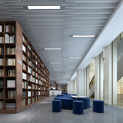 Book Art Inspired Library Interior With Tall Bookshelves Blue Seats Strip Lights And Staircase 3d model