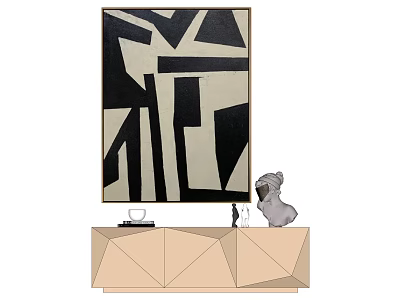 Abstract Black And White Painting Above Geometric Cabinet With Decorative Sculptures 3d model