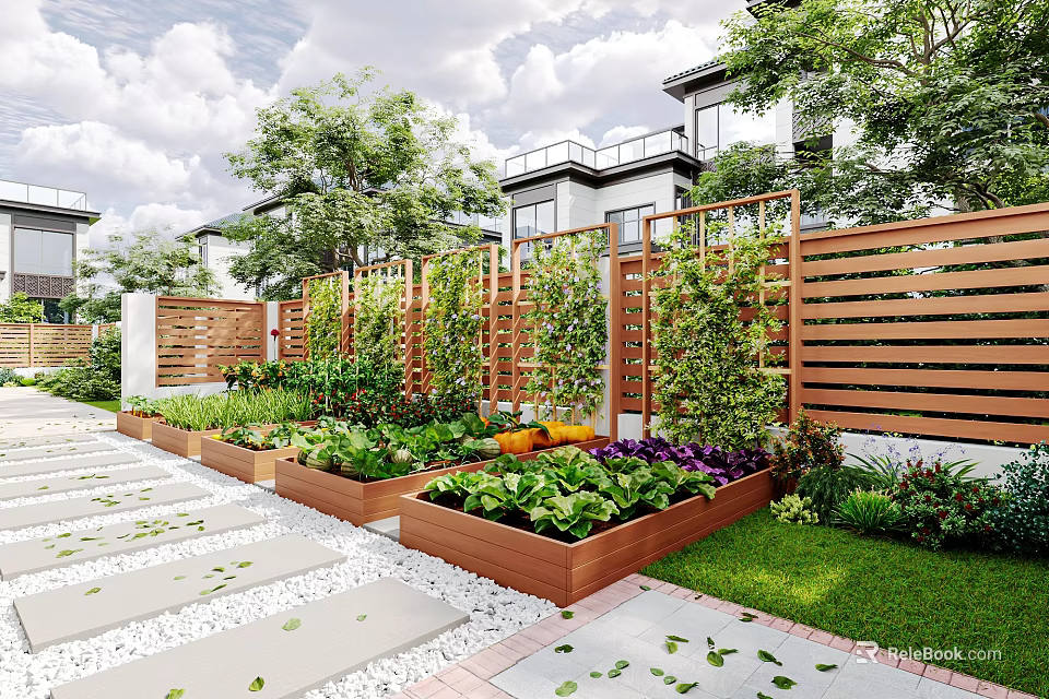 Wooden Fence Enclosed Garden Landscape With Raised Planter Boxes Vegetables Stone Path And Lawn 3d model 