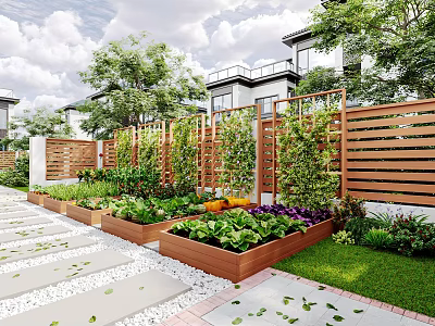 Wooden Fence Enclosed Garden Landscape With Raised Planter Boxes Vegetables Stone Path And Lawn 3d model