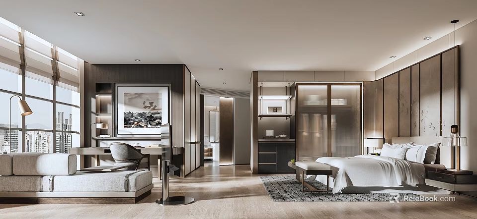 Modern Hotel Guest Room Interior With Comfortable Bed Wooden Wardrobe Writing Desk And Decorative Artwork 3d model 