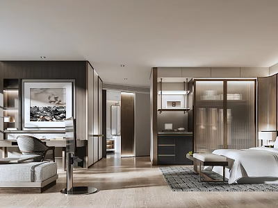 Modern Hotel Guest Room Interior With Comfortable Bed Wooden Wardrobe Writing Desk And Decorative Artwork 3d model