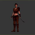 Fantasy Female Warrior In Red Outfit Holding Sword Standing On Gray Background