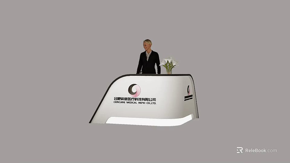 Curved Exhibition Reception Desk With Receptionist And Flower Arrangement In Jakarta Indonesia 3d model 
