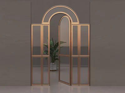 Open Arched Glass Door With Golden Frame And Green Plant For Modern Interior Design 3d model