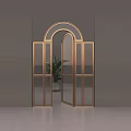 Open Arched Glass Door With Golden Frame And Green Plant For Modern Interior Design