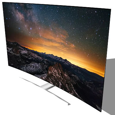 Modern TV with White Stand Displaying Starry Sky And Mountain Landscape At Sunset 3d model