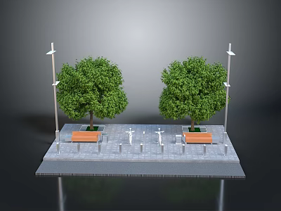 Urban Rest Area Scene With Two Green Trees Street Lamps Wooden Benches And Paved Ground 3d model
