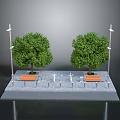 Urban Rest Area Scene With Two Green Trees Street Lamps Wooden Benches And Paved Ground