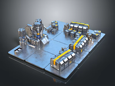 3D Industrial Machinery Model With Metal Structures Pipes And Yellow Accents On Square Platform 3d model