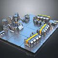 3D Industrial Machinery Model With Metal Structures Pipes And Yellow Accents On Square Platform