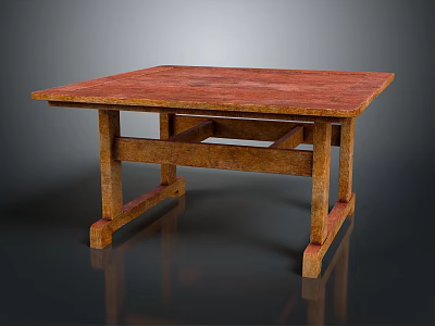 Rustic Handcrafted Wooden Table With Red Tabletop And Cross Leg Design 3d model