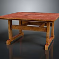 Rustic Handcrafted Wooden Table With Red Tabletop And Cross Leg Design