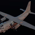 Passenger Aircraft Model With Four Propellers Light Gray Body And Round Emblems On Wings
