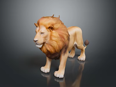 Detailed Standing Lion Statue With Brown And Yellow Mane On Dark Background 3d model