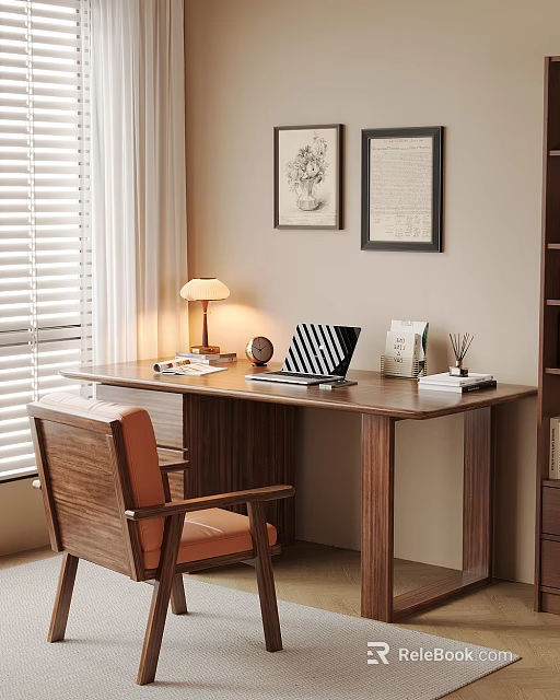 Modern Wooden Desk Interior With Laptop Table Lamp Chair And Wall Art 3d model 