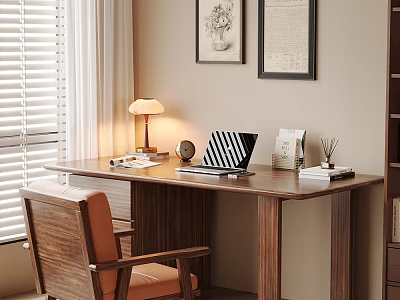 Modern Wooden Desk Interior With Laptop Table Lamp Chair And Wall Art 3d model