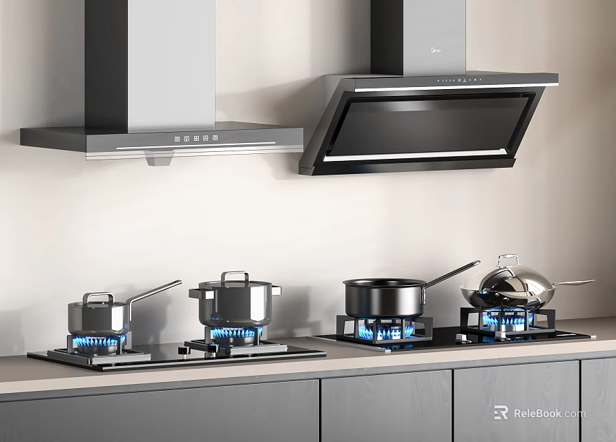 Modern Kitchen Appliances Gas Stoves With Pans And Range Hoods In Contemporary Design 3d model 