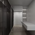 Modern Walk in Closet Design With Glass Door Cabinets Open Shelves And White Countertop