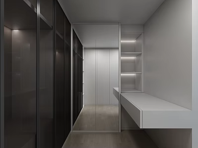Modern Walk in Closet Design With Glass Door Cabinets Open Shelves And White Countertop 3d model