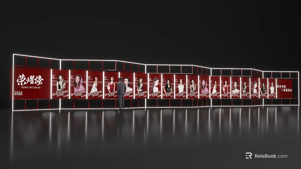 Long Event Display Wall With Red White Panels Portrait Images And Person Standing 3d model 