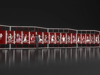 Long Event Display Wall With Red White Panels Portrait Images And Person Standing 3d model