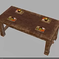 Rustic Wooden Long Dining Table With Four Trays Of Fresh Fruits And Vegetables