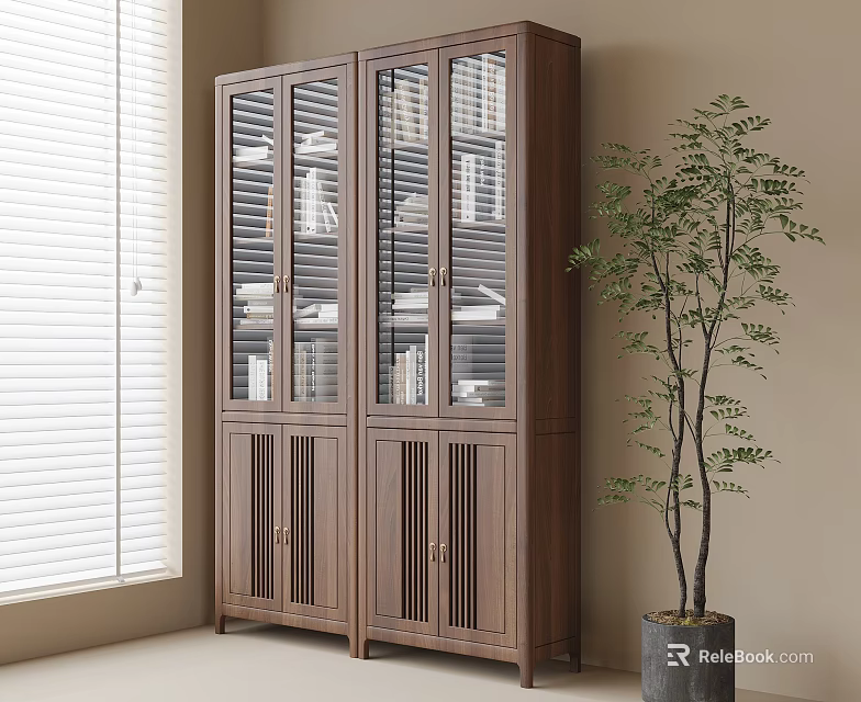 Tall Wooden Bookcase With Glass Doors And Books In Bright Room With Green Plant 3d model 