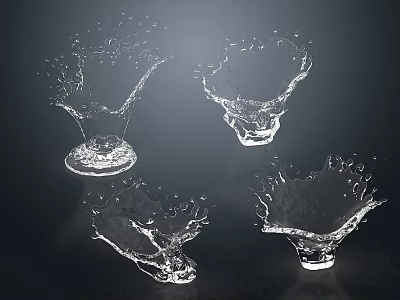Transparent Water Fountain With Four Different Splash Shapes On Black Background 3d model