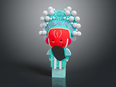 Traditional Peking Opera Character With Red Face Black Beard Blue Costume And White Pom Poms Headgear 3d model
