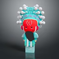 Traditional Peking Opera Character With Red Face Black Beard Blue Costume And White Pom Poms Headgear