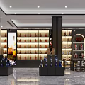 Modern Tobacco and Liquor Store Interior With Well Stocked Wine Shelves Marble Floor and Tables