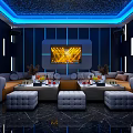 Modern KTV Interior With Blue Lighting Large Screen Sofa And Fruit Wine Glasses On Table